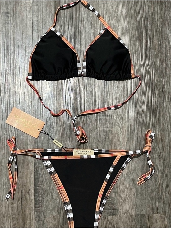 Burberry Other - Classic Burberry Plaid Trim Logo Black Triangle Halter Brown Bikini 2-Piece Set